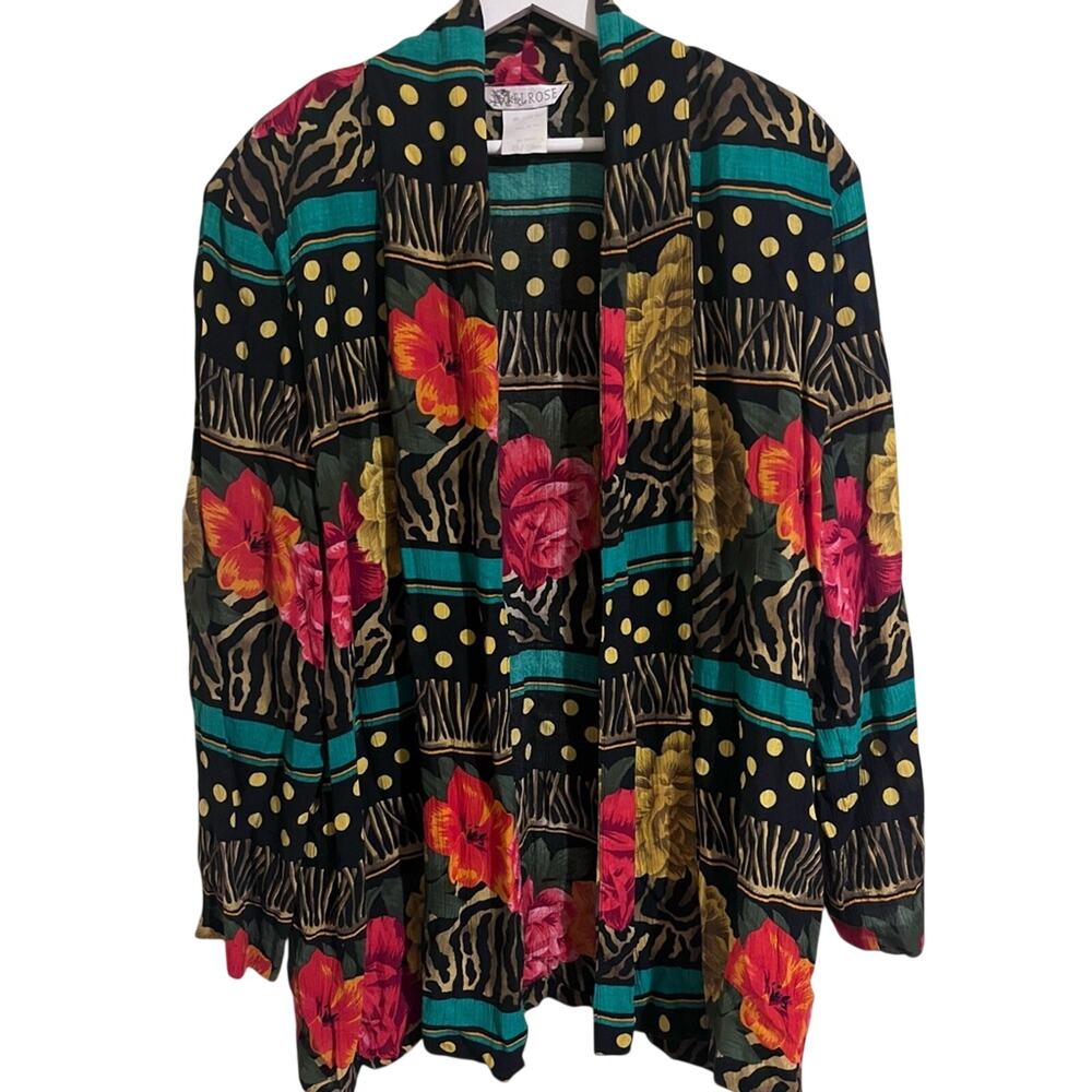 Melrose Floral Mixed Pring Open Cardigan Size 10 Casual Vintage Sears Black Gold
